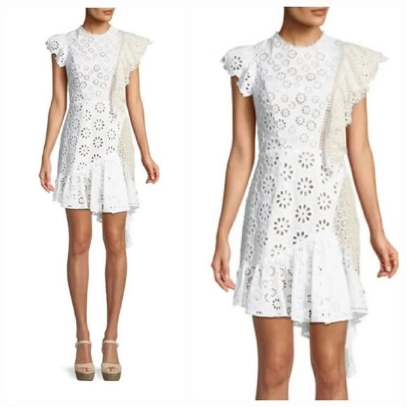 Sea New York Embroidered Eyelet Asymmetrical Lace Up Edie Dress in White Size 10 - Picture 1 of 12